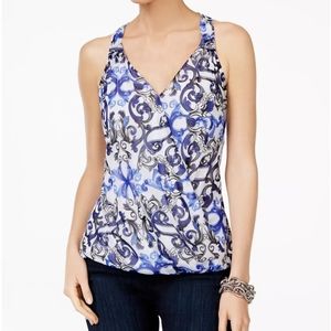 I.N.C. Sleeveless Printed Surplice Top Blue Black White XL